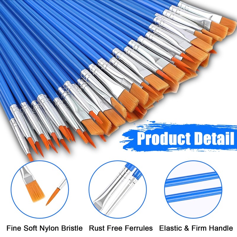 60Pcs Professional Paint Brush Set - Flat and Round Fine-Tip