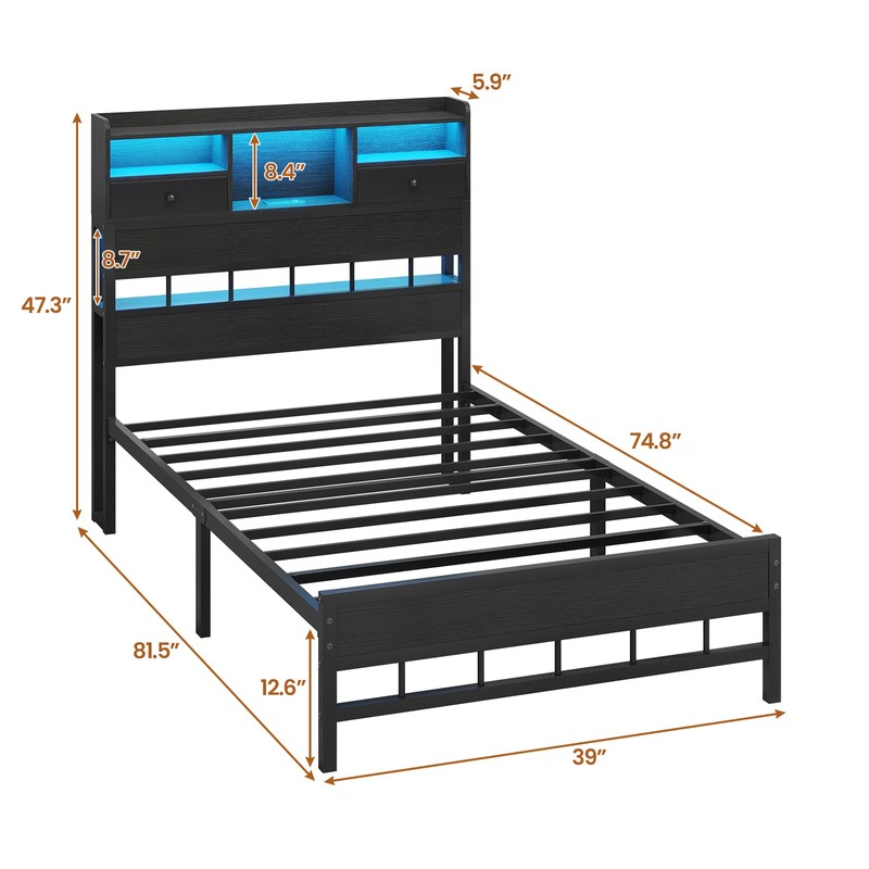 BTHFST Twin Bed Frames with Headboard & Charging Station, LED