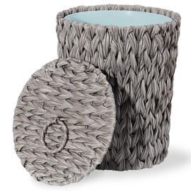YOKOMI Plastic Wicker Trash Can with Lid - 2 Gallon Small Garbage Can with Removable Liner Bucket for Bedroom, Bathroom, Living Room - Boho Hand Woven Waste Basket for Home, Office, Grey