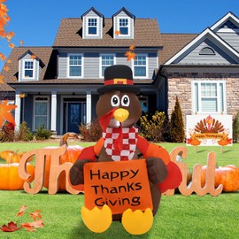 InfleasJoiy 4 FT Pull Banner Turkey Thanksgiving Inflatable Decoration with LED Lights for Holiday Celebration Decorations on Yard, Lawn and Patio
