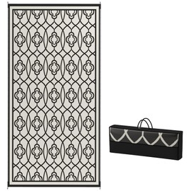 Outsunny Reversible Outdoor Rug, 9' x 18' Waterproof Plastic Straw Floor Mat, Portable RV Camping Carpet, Large Floor Mat for Backyard, Deck, Picnic, Beach, Black & Gray Lantern