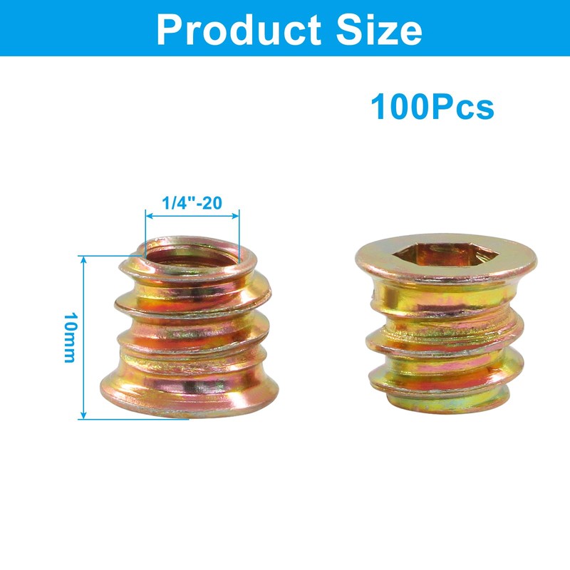 Moicstiy 50 Pcs 1/4"-20 x 10mm Threaded Inserts for Wood,