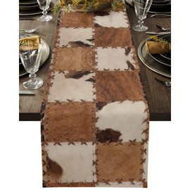 Western Style Cowhide Leather Animal Hair Cotton Linen Table Runner Vintage Splicing Grid Dresser Scarf 13x60In,Kitchen Dinning Table Runners Decor for Indoor Outdoor Party Holiday Wedding Wildlife