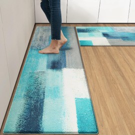 Arttown Anti-Fatigue Kitchen Rug Set of 2 Teal Grey Abstract Cushioned Kitchen Floor Mat, Standing Mat Waterproof Non-Slip Kitchen Mats and Rugs PVC Ergonomic Comfort Foam Rug for Kitchen