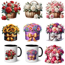 7pcs Vibrant Floral Basket & Mug Stickers Set UV DTF Cup Wraps Winter UV DTF Sticker for Glass Cups Furniture Craft DIY Crafts，Rub on Transfer Stickers for DIY Water Bottle Laptop Decal Wood Car