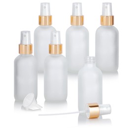 JUVITUS 4 oz Frosted Clear Glass Boston Round Bottle with Gold Fine Mist Sprayer (6 Pack) + Funnel