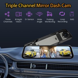 3 Channel Mirror Dash Camera for Cars, 10" Triple Rear View Mirror with Front 3K, Inside and Rear 1080P with WiFi, G-Sensor, Night Vision, Reverse Assist, Parking Monitoring