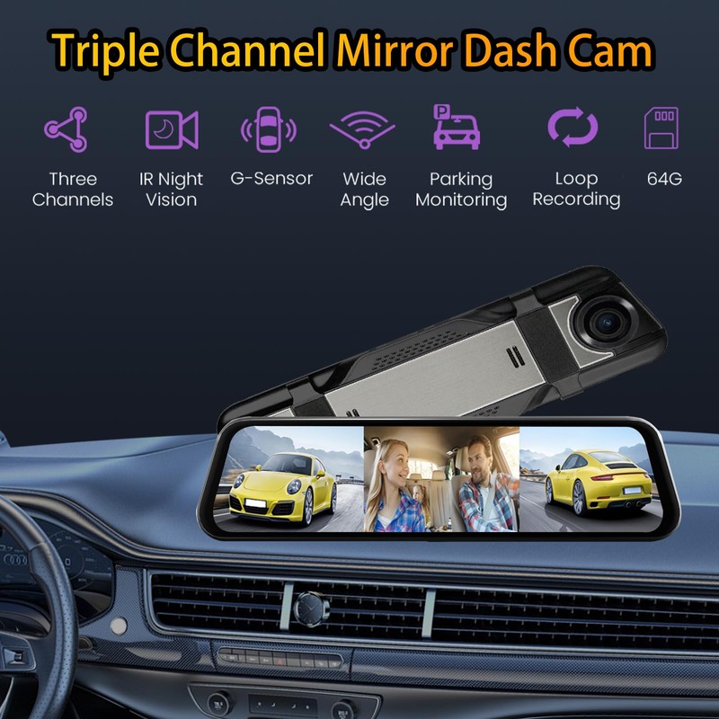 3 Channel Mirror Dash Camera for Cars, 10" Triple Rear