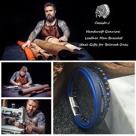 Casisto.J Men's Leather Bracelet Braided Beads Stainless Steel Brown Black Blue with Magnetic Clasp Jewellery in Gift Box