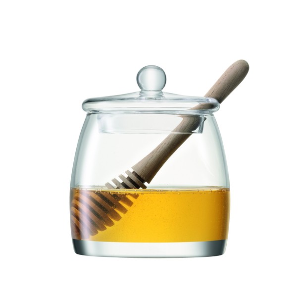 LSA Serve Honey Pot & Oak Dipper H12.5cm Clear| 1 Unit | Mouthblown & Handmade Glass | Hand Planed Wood | SZ35