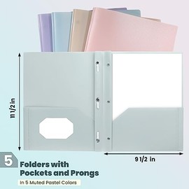 GNL - Carpetas de plástico con bolsillos y punta, paquete de 10, colores pastel apagados, carpetas resistentes de 2 bolsillos tamaño carta, carpetas c
