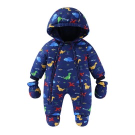 JiAmy Baby Toddler Girls Boys Winter Hooded Romper Snowsuit with Gloves Booties Cotton Jumpsuit Outfits Navy Dinasour 6-9 Months