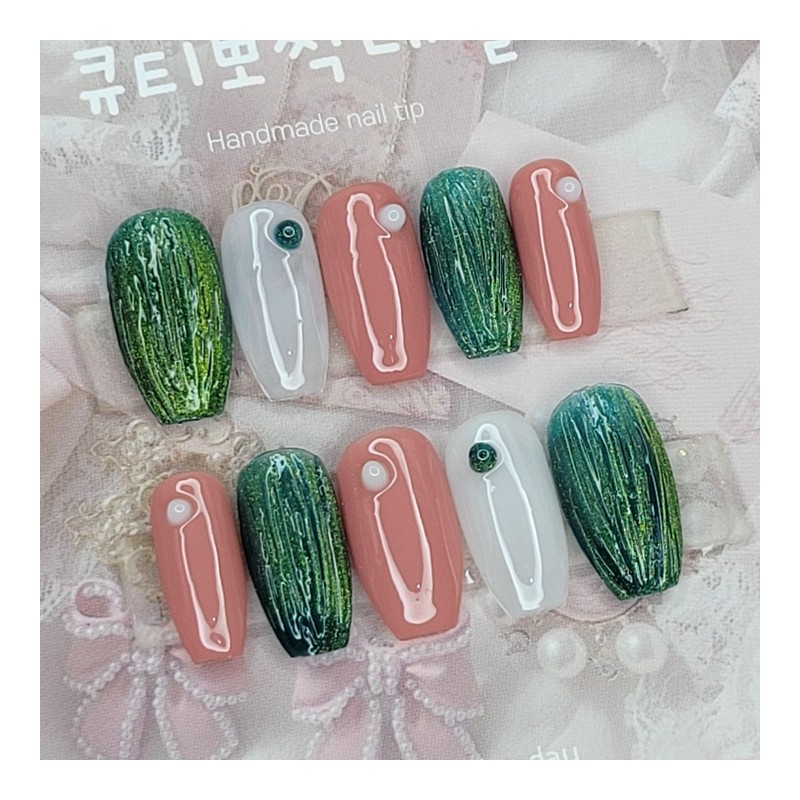 Green Tea Latte Handmade Nail Tips - Oval M /