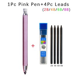 5.6mm metal drawing pencil with 4 2B 4B 6B 8B lead sets professional art sketch mechanical pencil Kawaii stationery can be filled (Pink)