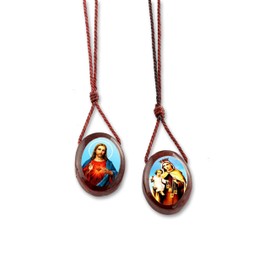 Pack of 6 pcs.- Scapulars Catholic Necklace with Brown Cord & Cherry Wooden I Sacred Heart of Jesus & Our Lady of Mount Carmel Medals I escapularios catolicos I Catholic Religious Necklace