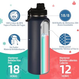 Volhoply Termo 1200 ml Acero Inoxidable Doble Pared Aislamiento al Vacío, Totalmente Antifugas con Tapa de Rosca, Correa Trenzada y Mosquetón, Ideal  