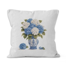 VRW Chinoiserie Hydrangea Floral Throw Pillow Covers 18x18, Blue and White Chinoiserie Vase Hydrangea Decorative Pillow Covers for Home Bedroom, Grandmillenial Accent Pillows Cover Pillowcases