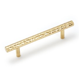 KOPPALIVE 2-Pack Solid Brass Kitchen Cabinet Pulls, Gold Modern T-Bar Handles, 3-3/4-Inch Hole Center Hammered Handles for Dresser Drawer Cupboard, 5-9/16 Inch Total Length, Polished Finish