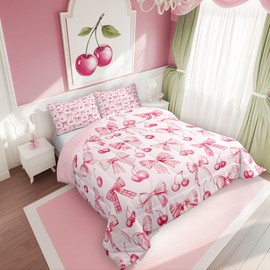 Manfei Bowknot Princess Comforter Set Full Size,Pink Bow Cherry Tropical Fruits Patchwork Bedding Set,Girls Women Room Decor,Bow-tie Girlish Dreamy Down Comforter,Pink Cute Duvet Insert,2 Pillowcases