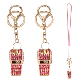 Biiange Referee Whistle, Whistle Keychain, Whistles for Adults with Lanyard, Loud Metal Rhinestone Whistle Whistle Sets for Coaches, Referees, and Hikers (2 Pcs Rose Red)