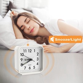 JXTZ Analog Alarm Clock, White, Battery Powered, Snooze, Night Light, Large Dial, Good for Travel, Heavy Sleepers
