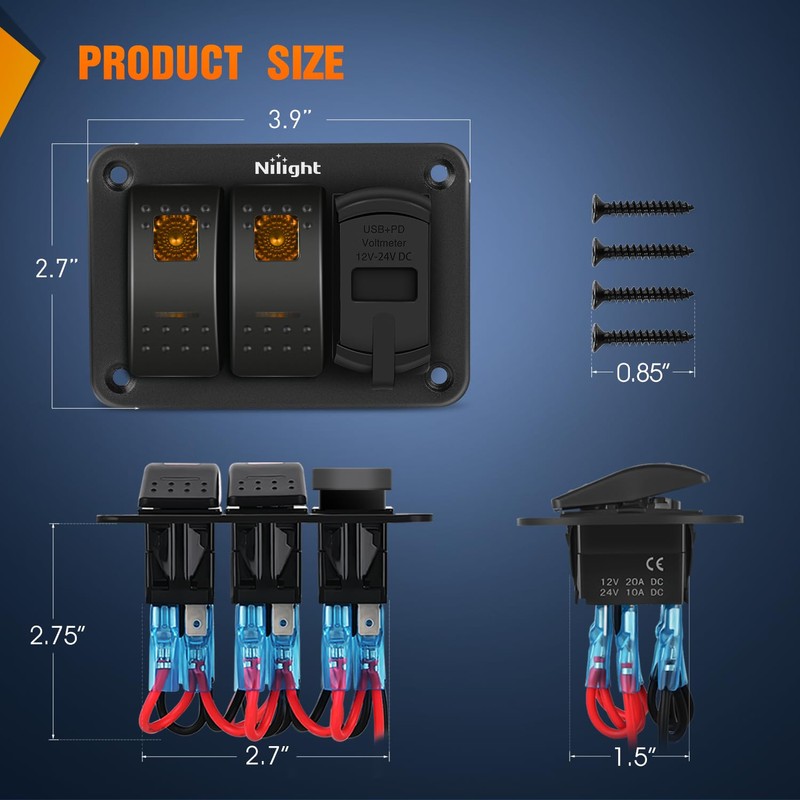 Nilight 2 Gang Rocker Switch Panel with PD Type C