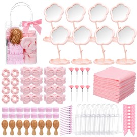 Honeydak 96 Pcs Spa Party Supplies 8 Sets Sleepover Party Gift with Wooden Hair Brush Mirror Headband Wristbands Hairpin Scrunchies Face Towel Makeup Brushes Cosmetic Bags for Spa Sleepover Birthday