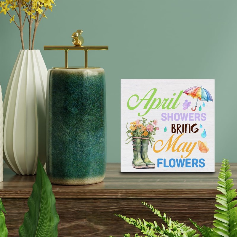 Spring Decor Farmhouse April Showers Bring May Flowers Wood Sign