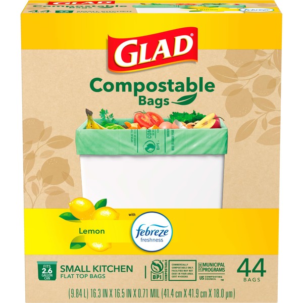 Glad Kitchen Compost Bags 2.6 Gallon 100% Compostable Bag, Febreze Lemon, 44 Count