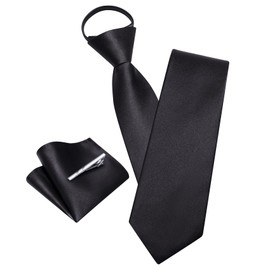 Barry.Wang Solid Color Pre-tied Ties for Men Zipper Necktie and Pocket Square Tie Clip Set Adjustable Neck Tie Wedding, Black, One Size