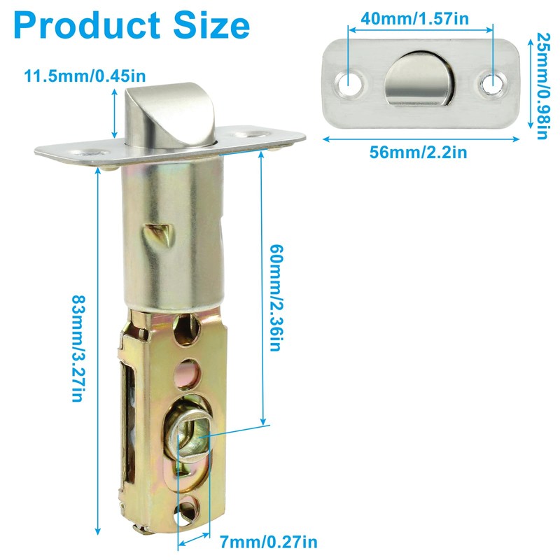 Cionyce Tubular Mortice Latch, Passage Door Latch, Adjustable Square Latch