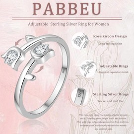 PABBEU 925 Sterling Silver Ring for Women Adjustable Silver Ring with Cubic Zirconia Hypoallergenic Rose Silver Thumb Rings for Women/Wife/Girlfriend Gift