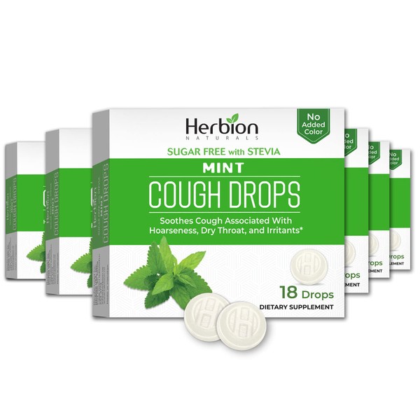 Herbion Naturals Sugar Free Cough Drops 108 Counts Mint Flavor (Pack of 6, 18 Counts per Pack)