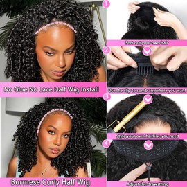 Fuduete 22 Inch Burmese Curly Half Wig 180 Density Seamless Flip Over Wig Glueless Human Hair Curly 3 In 1 Half Wigs Wear and Go Drawstring Headband Wig for Women Beginner Friendly