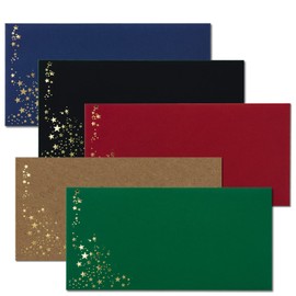 Pack of 25 Envelopes with Metallic Stars DIN Long Mix Set 10, Envelopes in Red, Black, Green, Blue and Kraft Paper with Stars in Gold