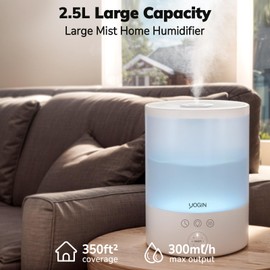 YOGIN Humidifiers for Bedroom Large room,Top fill 2.5L Ultrasonic cool mist Humidifiers for Baby Nursery and Plants,Up to 24 Hours, 24db Quiet,Night Light, Auto Shut Off, Easy Clean Humidifier