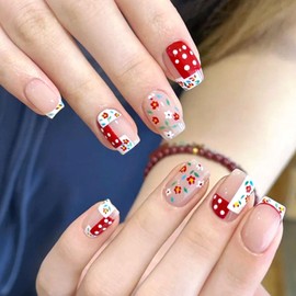 Square Press on Nails Short Fake Nails White French Tip Acrylic Nails Glossy Glue on Nails Cute False Nails with Color Flowers Red White Contrast Dots Designs Light Pink Stick on Nails for Women 24Pcs