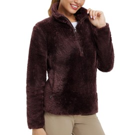 baleaf Women's Fuzzy Quarter Zip Sherpa Fleece Pullover Lightweight Warm Sweater Jackets with Zipper Pocket Winter Sweatshirts Dark Brown M