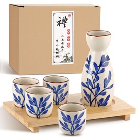 Skyley Japanese Sake Set with Tray Traditional Saki Cups Set Korean Soju Glass Ceramic Japanese Gifts for Cold Wine Holiday Christmas Gifts(Blue and White Porcelain)