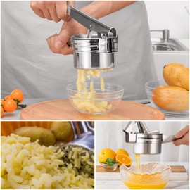 Spaghetti Press Manual Potato Press, Professional Stainless Steel Potato Masher with 3 Interchangeable Discs, Stainless Steel Potato Press for Mashed Potatoes, Baby Food, Lemon Squeezing