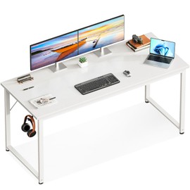 Casaottima 54 Inch Computer Desk for Home Office, Study Writing Table for Small Spaces, Simple Modern Desk with Headphone Hooks, White