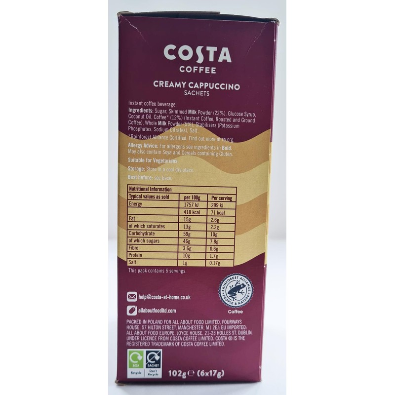 Costa Coffee Creamy Cappuccino 6 Satchets X 17g (5 Pack)