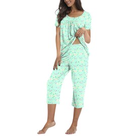 POPYOUNG Womens Summer Casual 2 Piece Pajama Sets with Comfy Capri Pants and Pockets Lounge Sleepwear XL, Colorful Green Butterfly