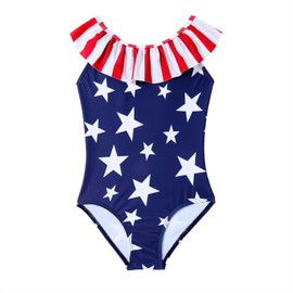 Zando Red White and Blue 4th of July Swimsuit Girls Kids Size 6-7 Years - Ruffle One Piece Cute Patriotic Toddler Swim Suit American Flag Bathing Suit for Summer Beach Wear Swimming Sport Swimwear