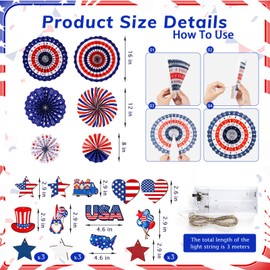 76 Pcs 4th of July Tree Ornaments Decorations Patriotic Banner Memorial Red White and Blue Decorations Indepence Day Tree Topper Fan Hanging Ornaments for Memorial Day Decor