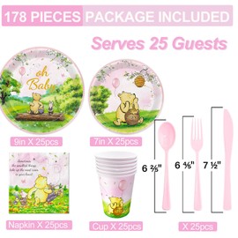178pcs Pink Winnie Bear Baby Shower Pooh Party Supplies Decorations Oh Baby Plates and Napkins Tableware Set for Boys Girls Newborn Kids Cups Tablecloth Banner Birthday Decorations for 25 Guests