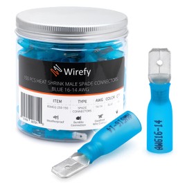 Wirefy Blue Heat Shrink Connectors Flat Connector Insulated - Cable Lugs Male Flat Connector Assortment - Crimp Connector Car - 1.5-2.5 mm² - Pack of 150