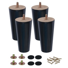KINDPMA 4PCS Wooden Furniture Legs 12cm Solid Wood Sofa Legs Chair Legs Table Legs Black Furniture Replacement Feet with Mounting Plates Screws Non-Slip Mat for Chair Bed Couch Table TV Cabinet