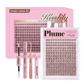 Plume Brown Lashes Natural Lash ClustersWith Invisible Band DlY Lash Extension Kit Eyelash Kit with Bond and Seal 8-16mm C Curl Beginner Individual Lashes Long lasting Makeup For Girl
