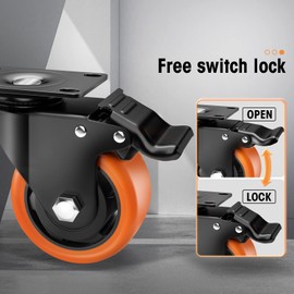 ASRINIEY Casters, 3" Caster Wheels, Orange Polyurethane Castors, Top Plate Swivel Wheels, Casters Set of 4, Locking Casters for Furniture and Workbench, Heavy Duty Casters, 4 Pack Casters with Brake
